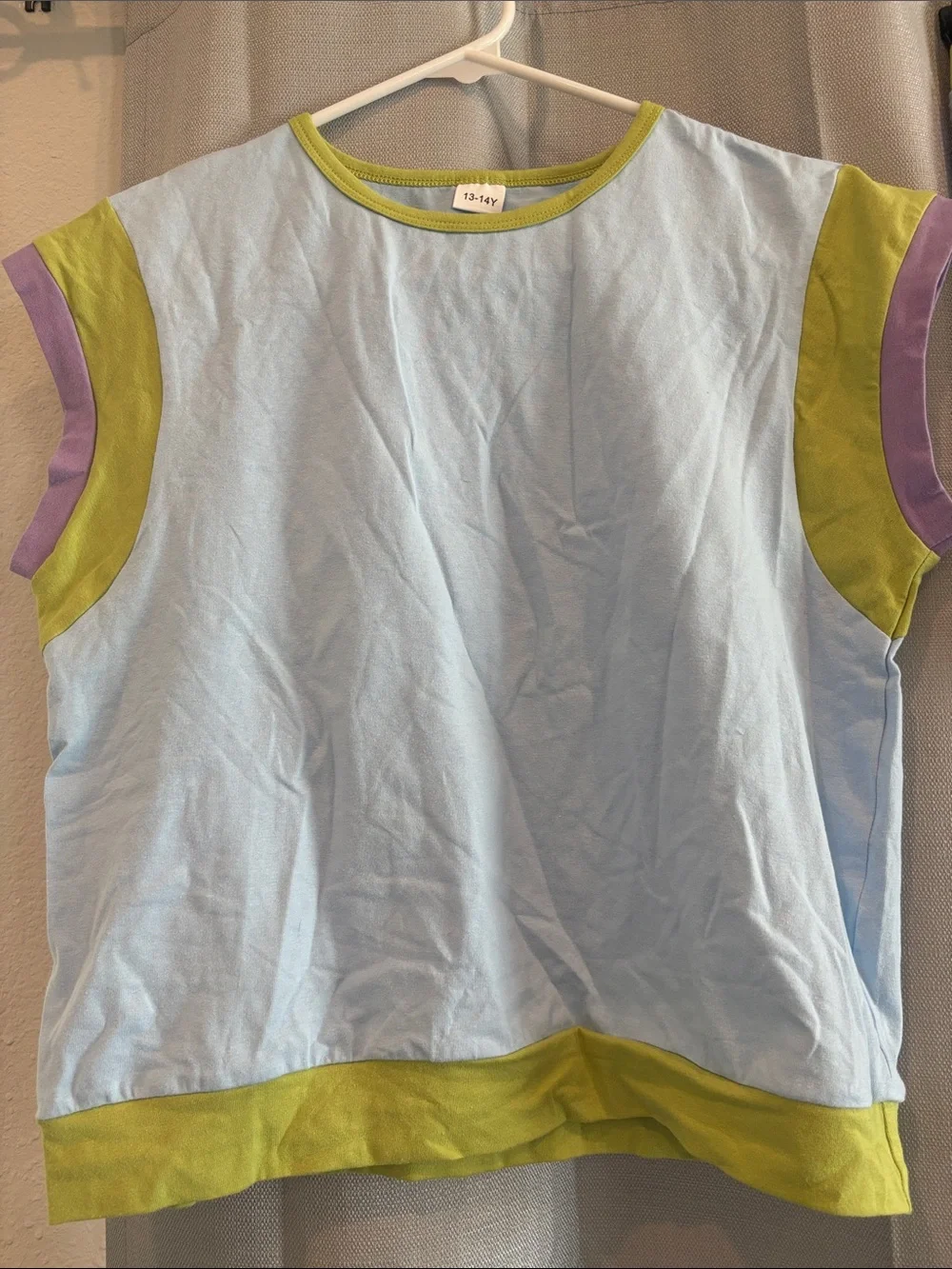 Girls Light Blue Tank & Shorts Matching Set with Lime and Lavender Trim